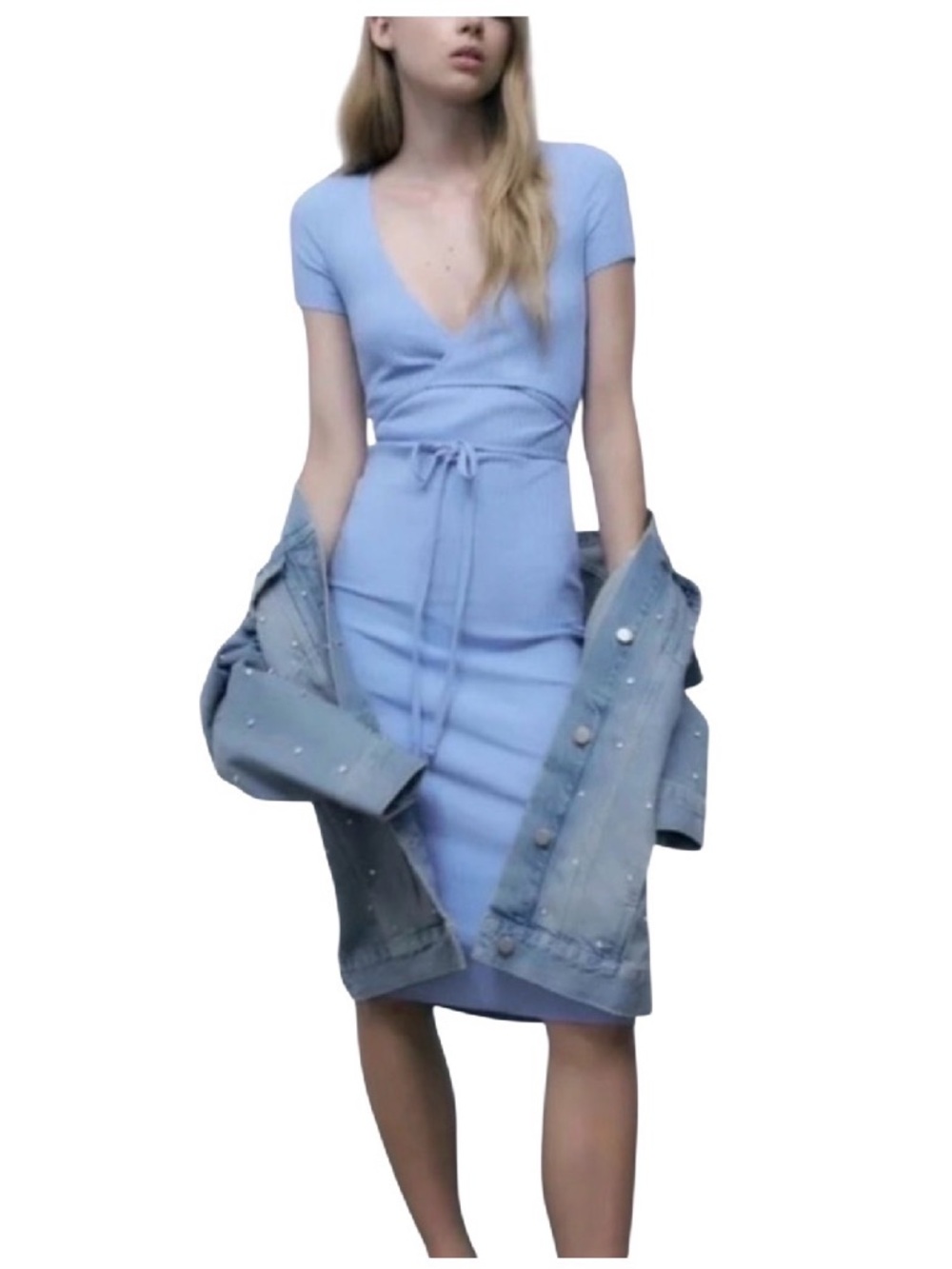 Zara Light Blue Wrap Midi Dress Tie Waist Sky Blue V-Neck Size Medium